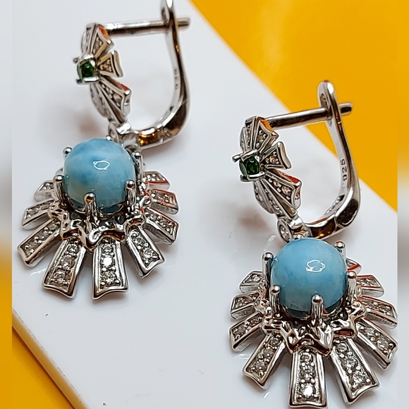 Natural Unheated Larimar 7mm & Cz‎ 925 Sterling Silver Earrings - Picture 7 of 7